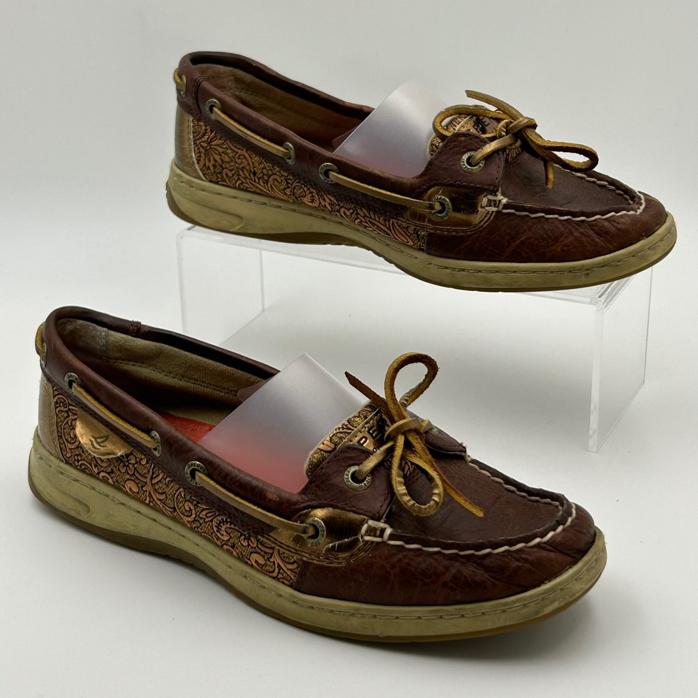 Sperry Top-Sider Boat Shoes Womens‎ 7M Brown Gold Floral Embossed Preppy 9287962